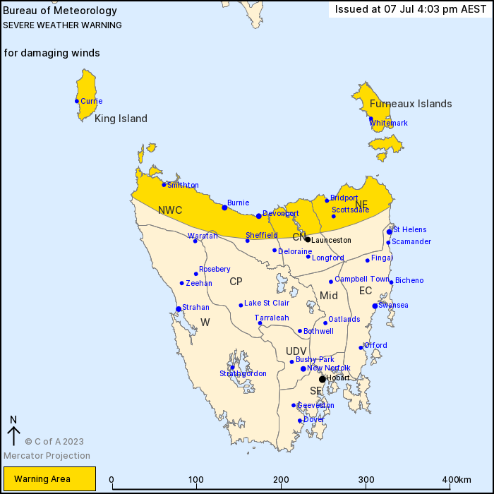 TAS Severe Weather Warning Damaging Winds Alert